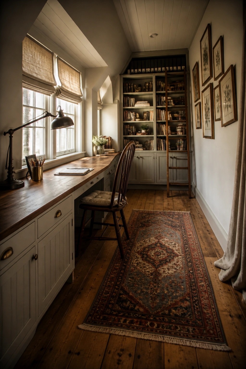 A narrow home office features a long wooden desk beneath two windows, white cabinetry below the desk, a wooden chair on a patterned rug, and built-in bookshelves with a ladder on the far wall.