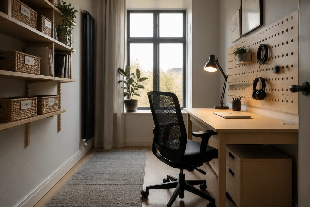 21 Fresh Office Layout Ideas to Improve Movement and Workflow Modern home office with wooden desk, black ergonomic chair, window, and shelves.
