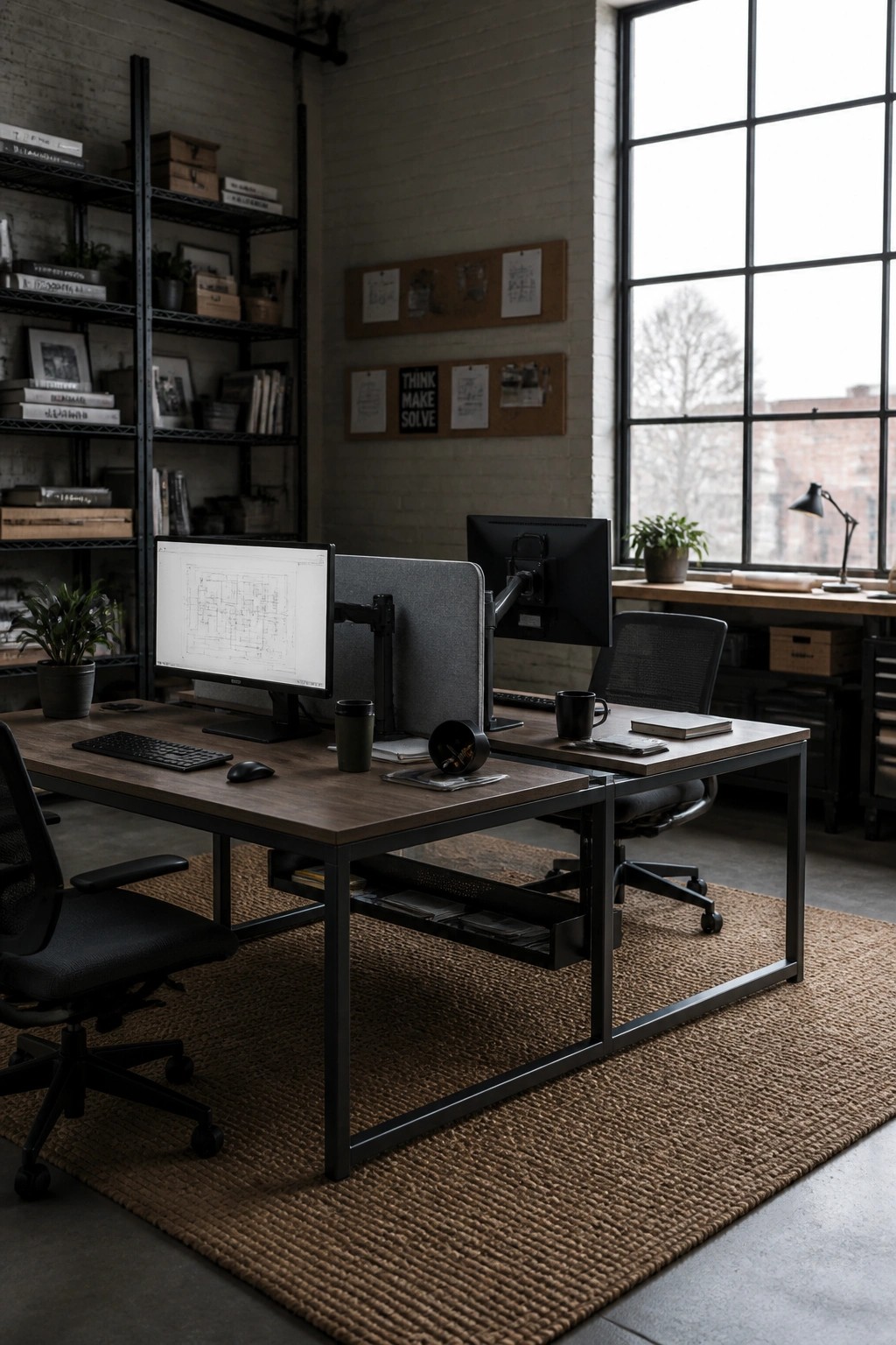Two connected wooden desks with monitor arms, black office chairs, and open lower storage sit on a woven rug in a brick-walled office with a large window.