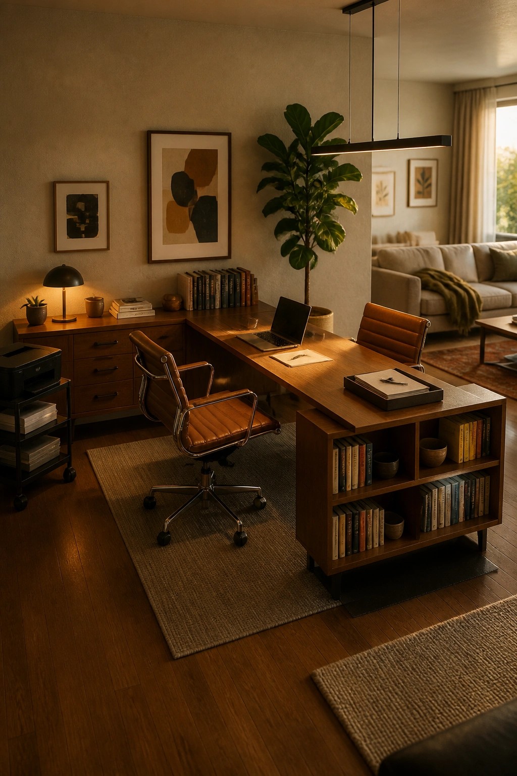 A home office with an L-shaped wooden desk, brown leather office chair on a rug, built-in bookshelves, and wall art.