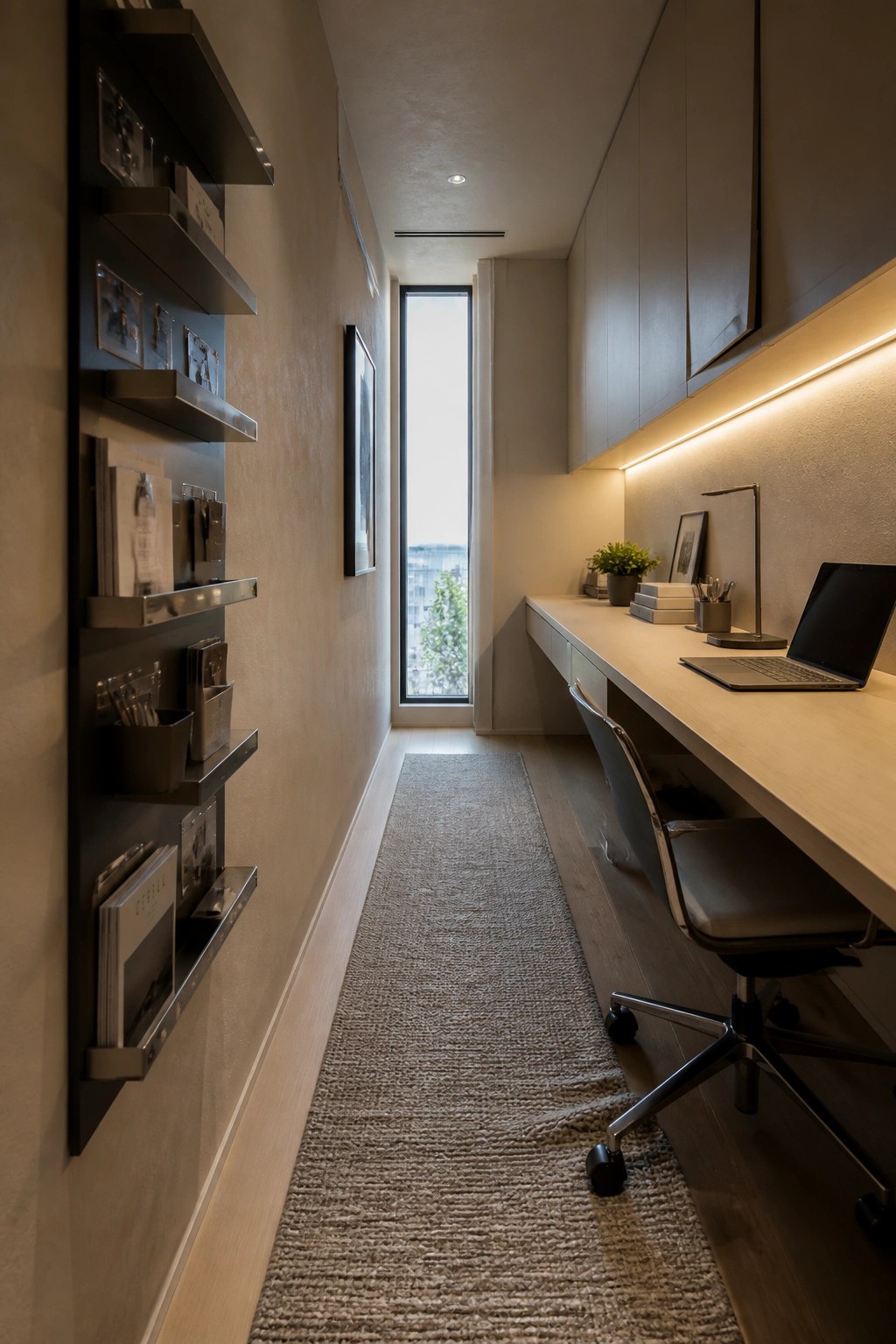 A narrow interior office space with a long light wood desk along the right wall, a rolling office chair, open dark shelves filled with books and photos on the left wall, and a tall window at the far end.
