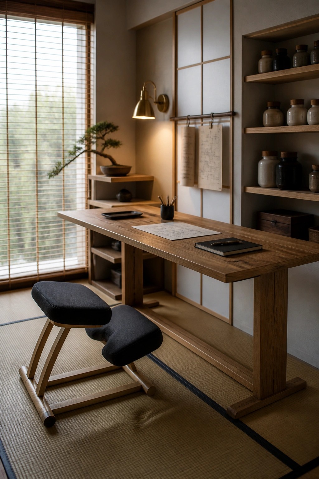 A low wooden desk with papers and a notebook sits on tatami mats beside two black kneeling stools in a minimalist room with shoji screens and a window.
