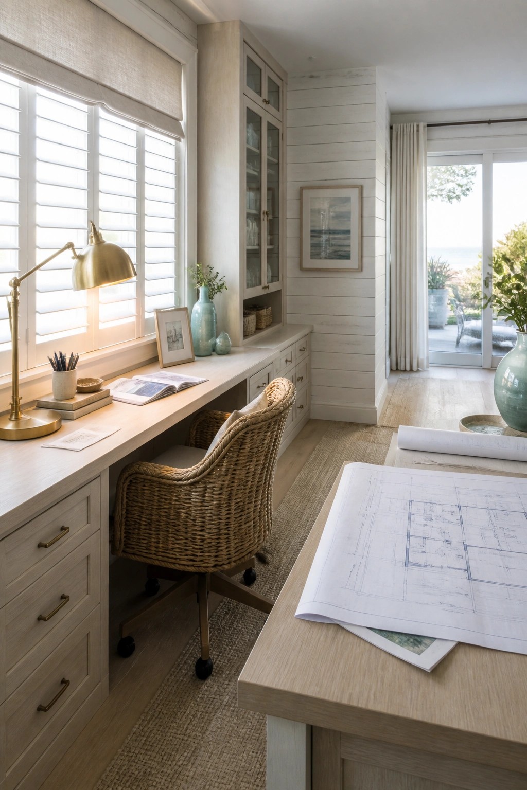 A home office interior showing a built-in light wood desk under shuttered windows with a wicker chair, plus a freestanding table holding architectural blueprints.