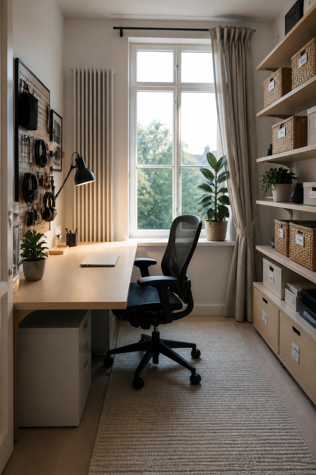 Modern home office with wooden desk, black ergonomic chair, window, and shelves.