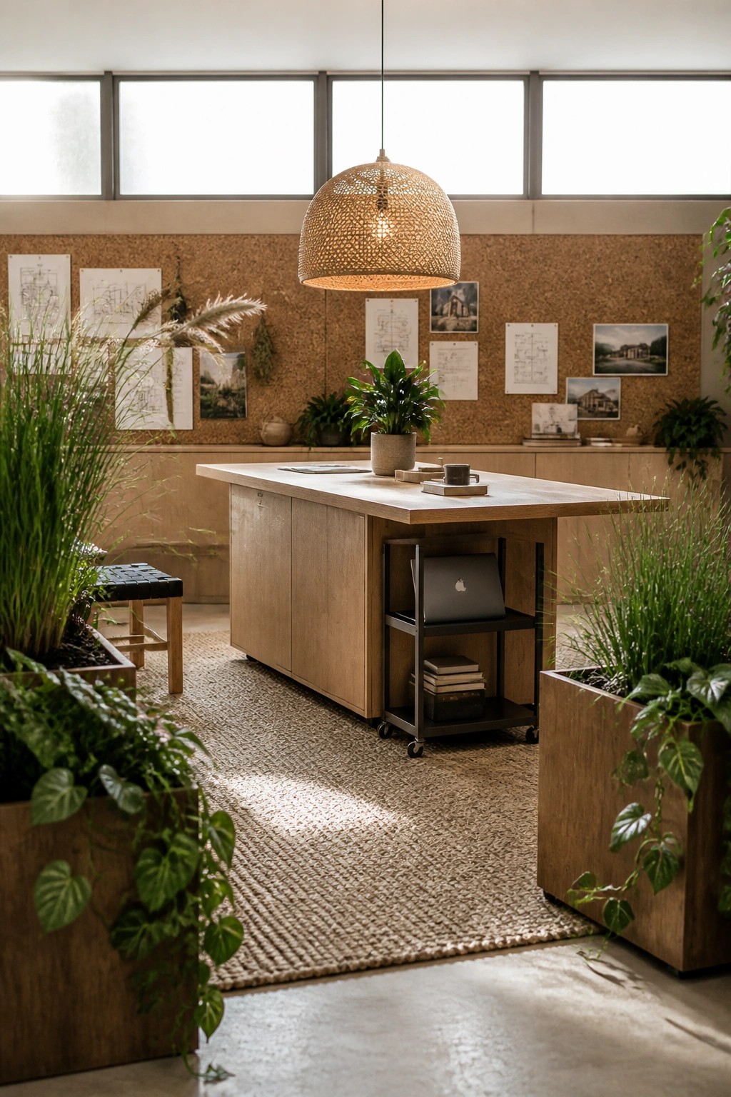 A wooden island desk stands in the center of a bright office with plants in large planters, a corkboard wall, and a woven rug on the floor.