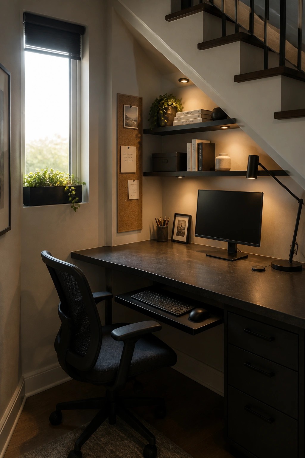 A home office desk with monitor, keyboard tray, and floating shelves placed under a staircase, next to a window and black office chair.