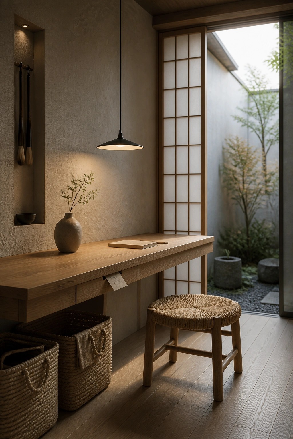 A wooden desk against a textured wall with a pendant light overhead, a woven stool in front, storage baskets below, and an open shoji door leading to a garden.