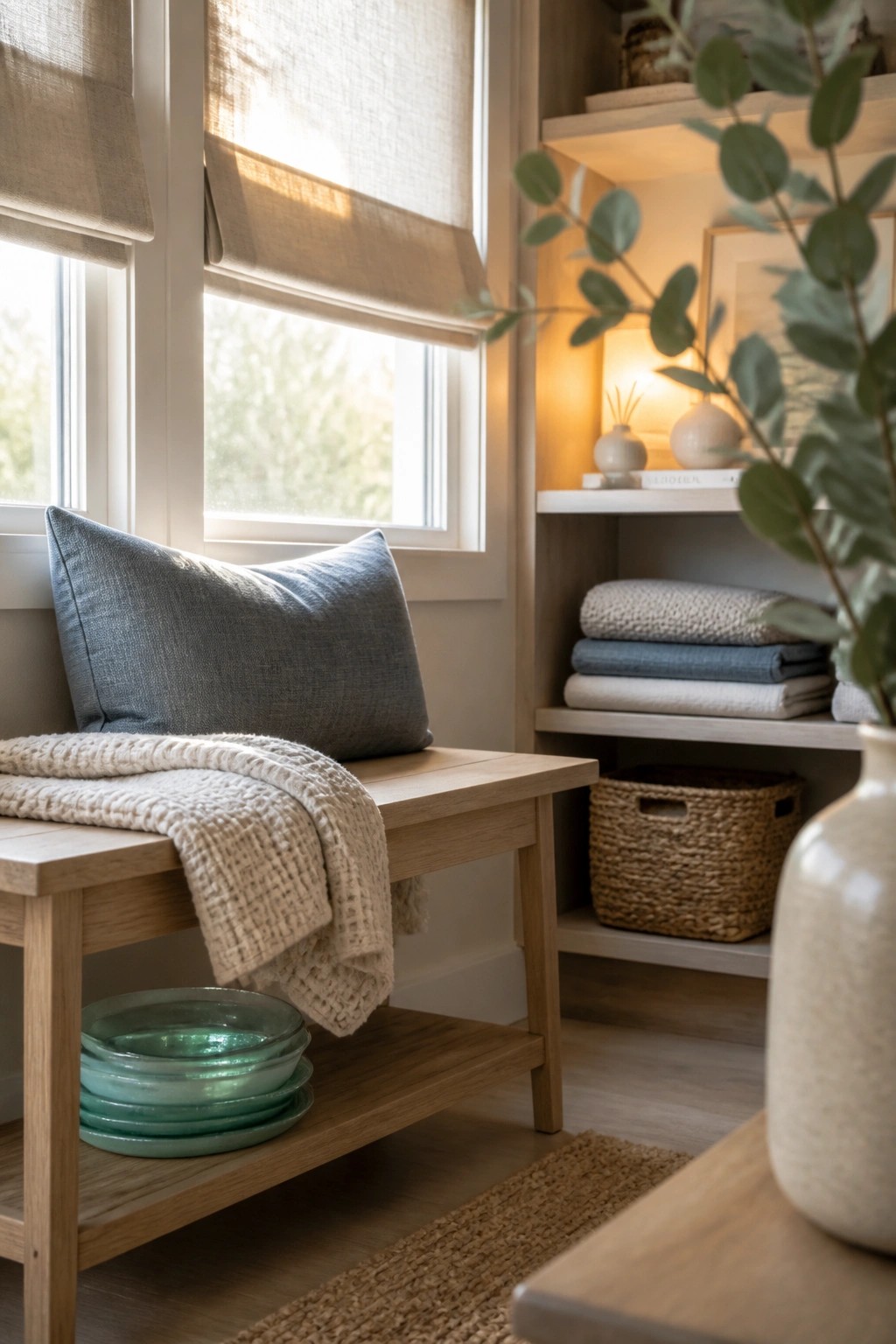 Wooden bench with gray pillow and beige throw by window with open shelves of linens