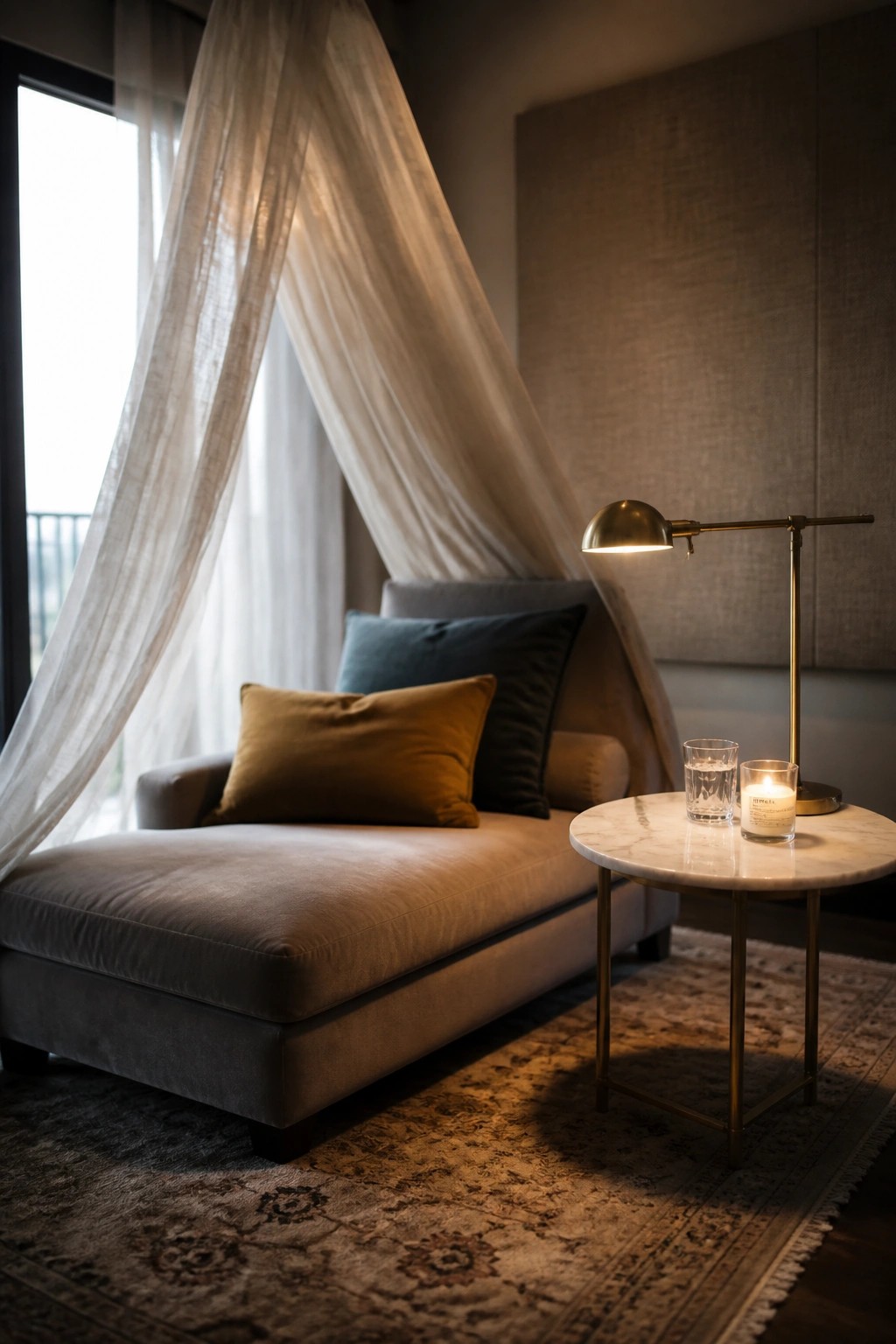 A beige chaise with pillows under a sheer canopy next to a round marble table holding a brass lamp, a lit candle, and a glass of water on a patterned rug.