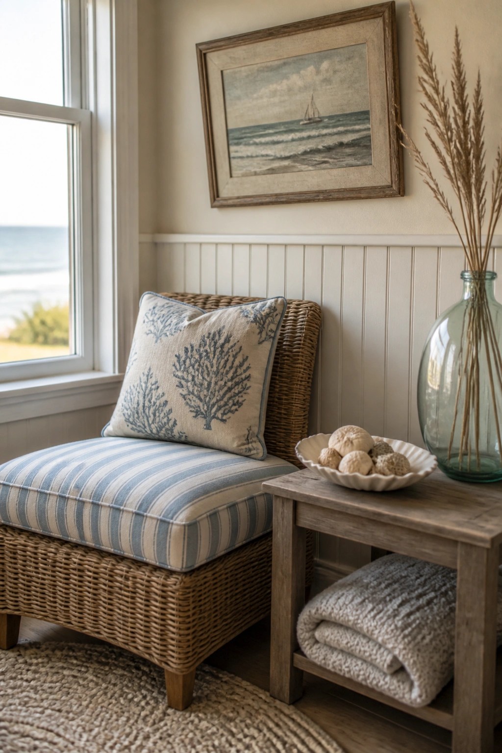 A wicker armchair with blue striped upholstery and a coral patterned pillow sits by a window next to a wooden side table holding a bowl of shells and a glass vase with dried grass.