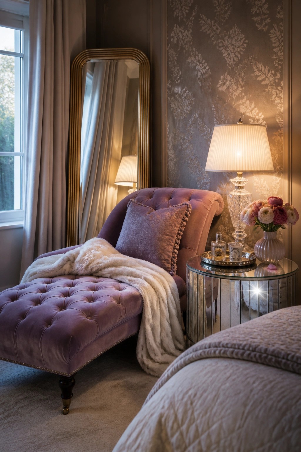 A tufted purple velvet chaise lounge with a white fur throw in a bedroom corner, positioned beside a round mirrored side table holding lamps and flowers.