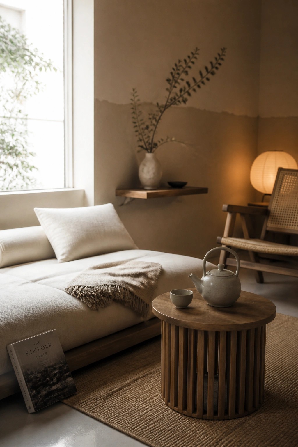 A bedroom corner with a low daybed covered in white linens, a round slatted wooden table holding a ceramic teapot and small cup, a book on the floor, and a woven rug underneath.