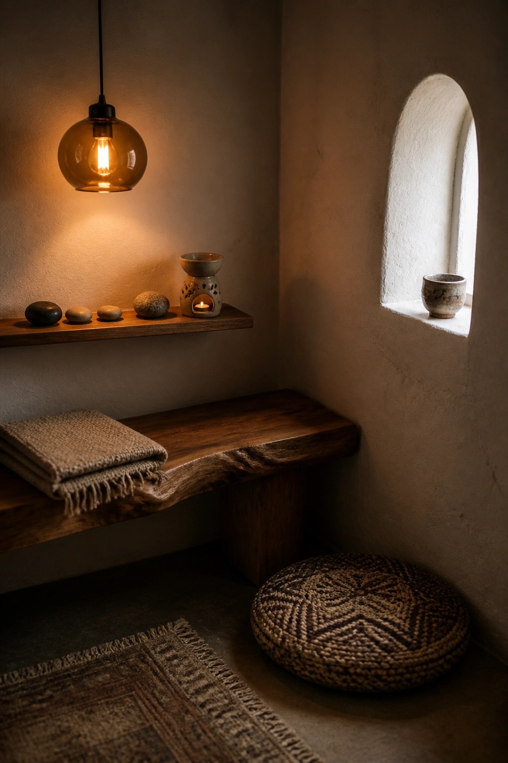 A wooden bench with four smooth stones and a small ceramic oil burner sits under a hanging glass lamp, next to a round woven cushion on the floor and a small arched window.