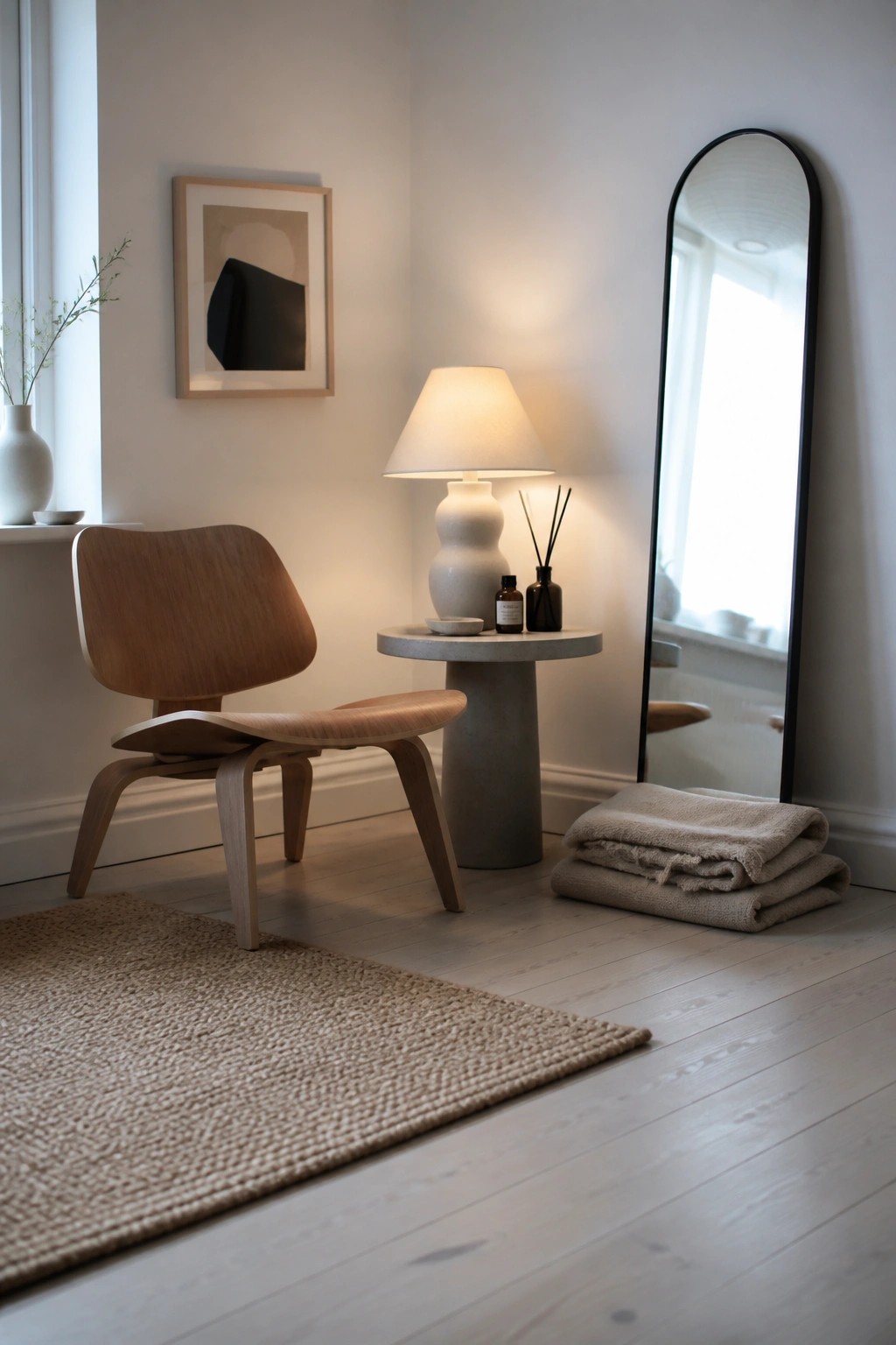 A light wood lounge chair on a woven rug faces a round concrete side table with a lit lamp, reed diffuser, and small bottles, next to a tall arched mirror and folded beige towels on a light wood floor.
