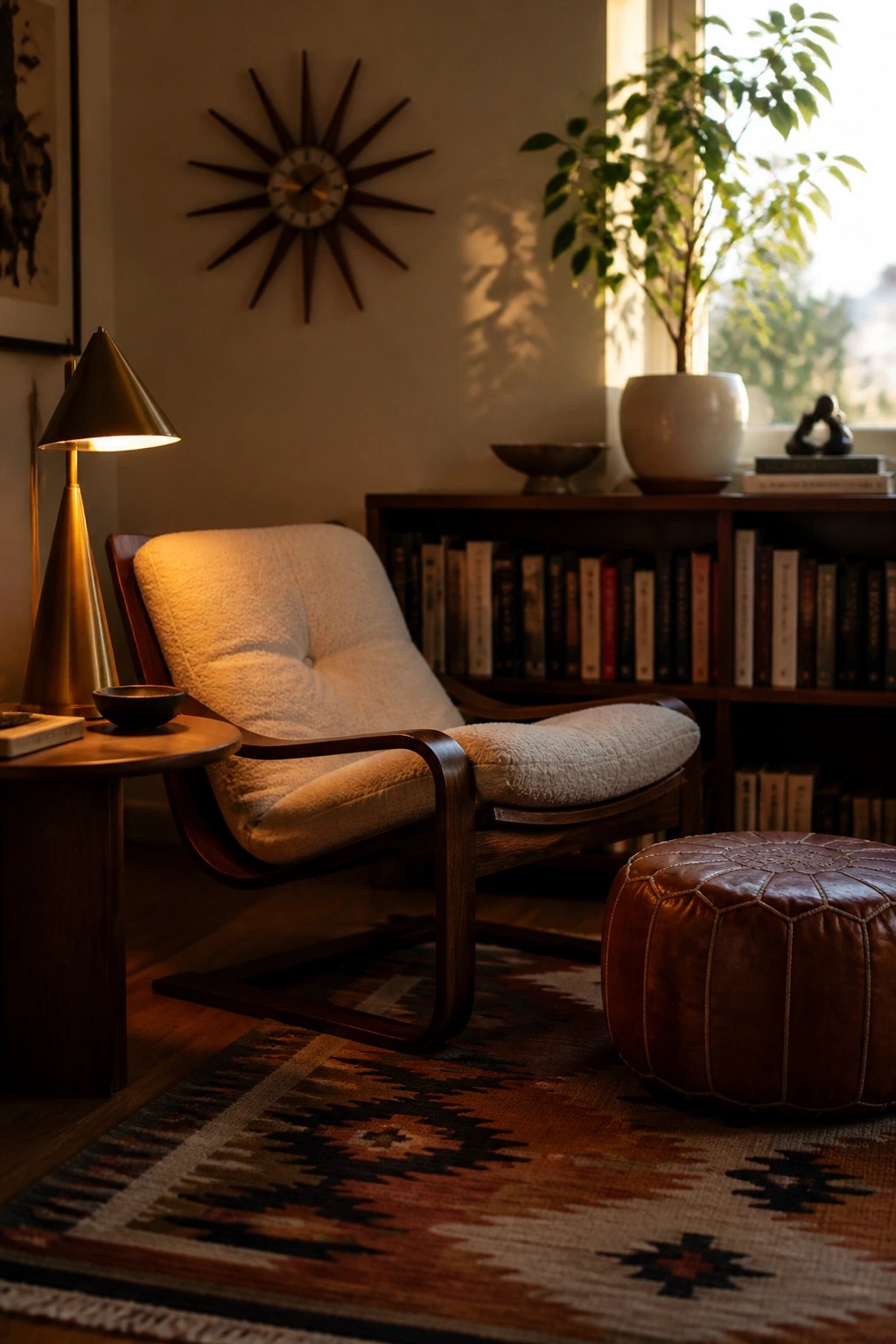 Midcentury lounge chair with white cushions beside lit brass lamp and leather pouf