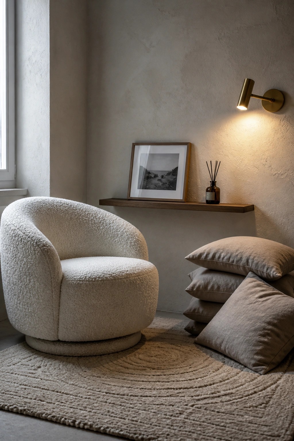White boucle swivel chair on beige rug beside wooden shelf and lit sconce.