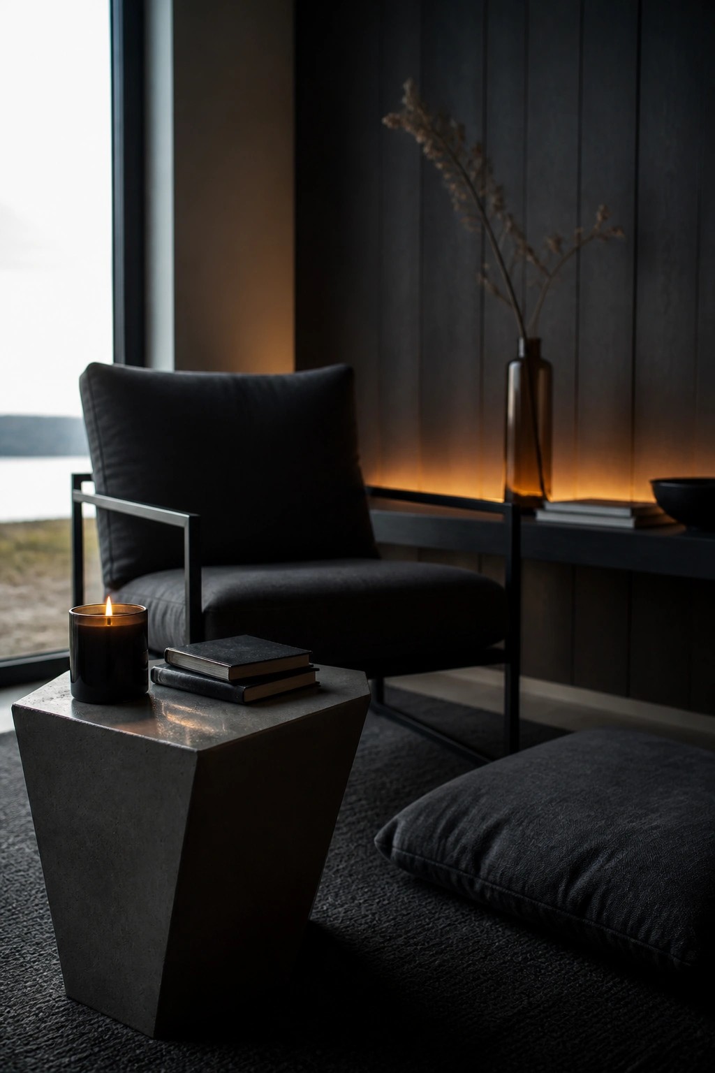 A dark armchair beside a concrete side table holding a lit candle and two stacked books, with a vase and console in the background.