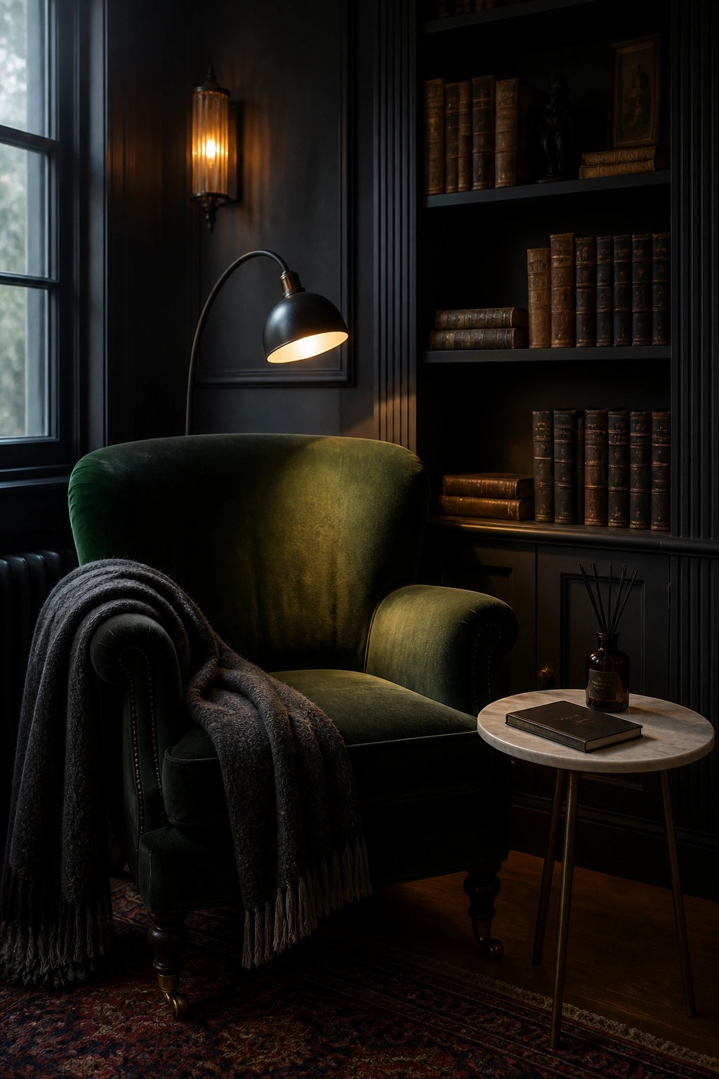 A dark green velvet armchair with a gray throw blanket sits beside a dark bookshelf, lit by a black floor lamp and wall sconce in a dimly lit room.