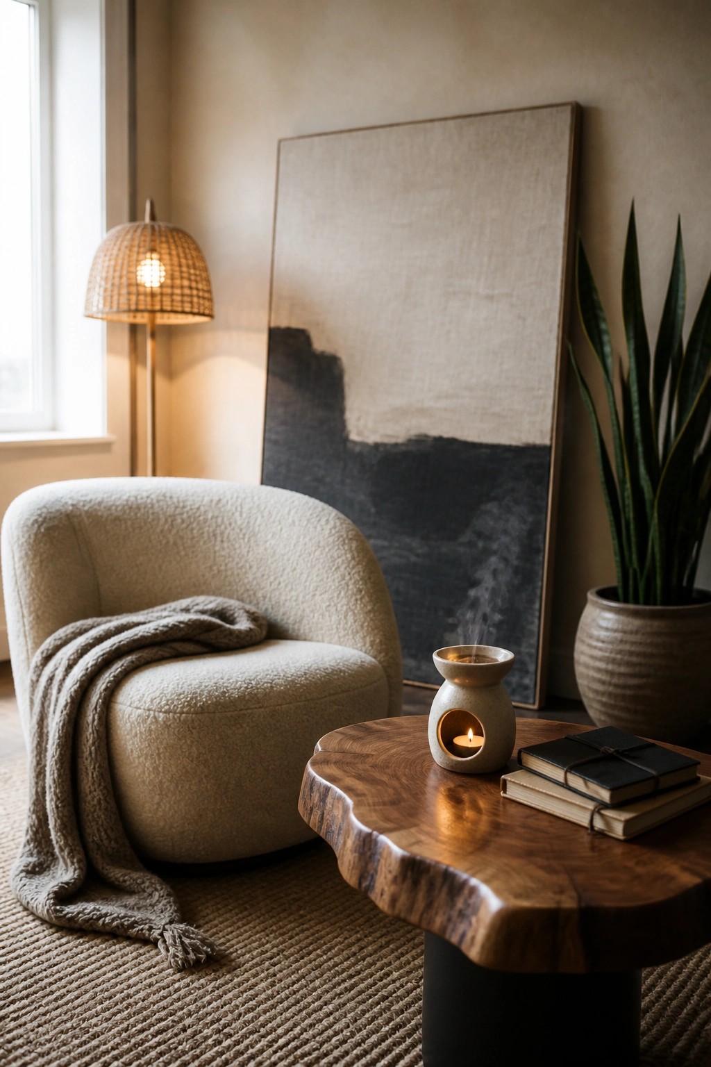 A boucle armchair with a draped throw blanket next to a live-edge wooden table holding a lit ceramic candle warmer and two stacked notebooks, with abstract wall art and a woven floor lamp visible in the background.
