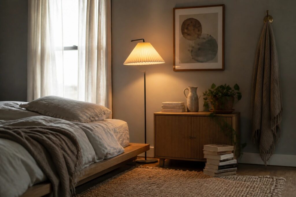 A bedroom corner with a wooden ribbed cabinet next to a bed, topped with stacked books, a vase, and a potted plant, alongside a lit floor lamp.