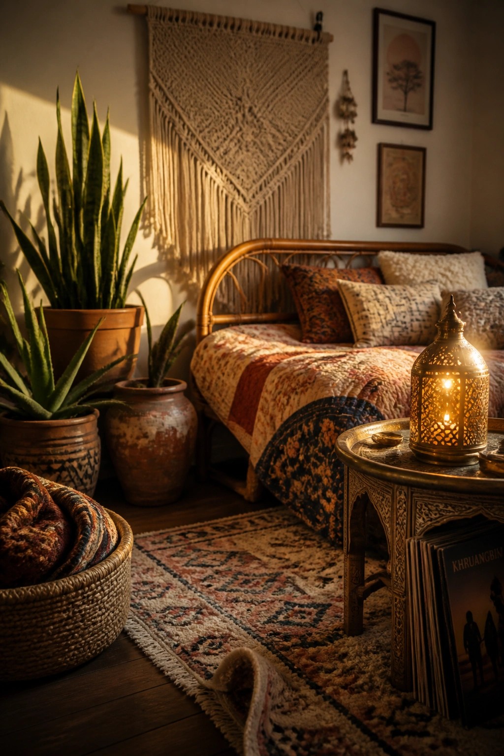 A bedroom corner with a lit metal lantern on a small table next to a bed with patterned bedding, potted plants, a macrame wall hanging, and a woven basket on the floor.