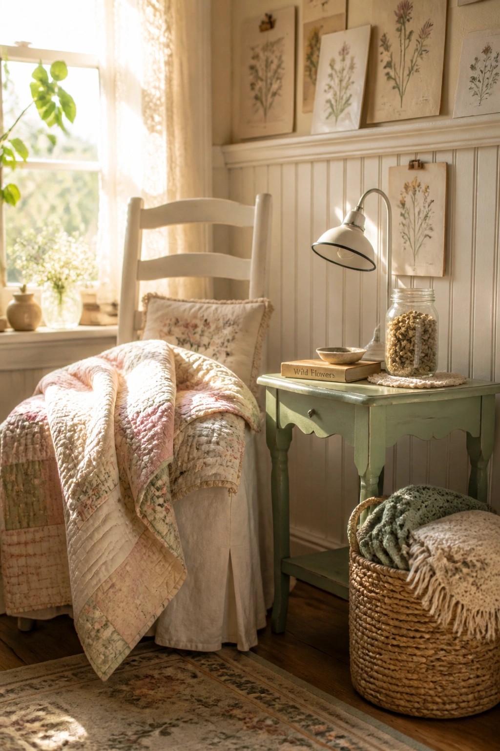 A white wooden chair draped with a pastel quilt sits beside a green side table in a sunlit bedroom corner with botanical prints on the wall.