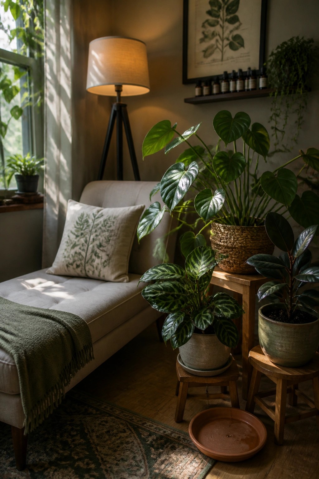 Cozy nook with lush houseplants, beige chaise lounge, floor lamp, and wooden furniture.