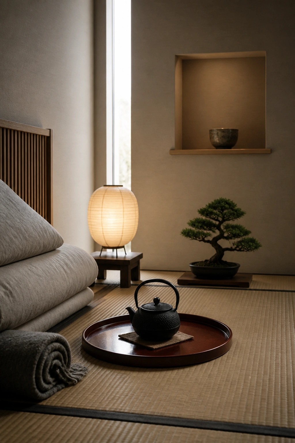 A bedroom corner with tatami mats shows a black teapot on a round wooden tray, a paper lantern on a low stool, and a bonsai tree placed against the wall.
