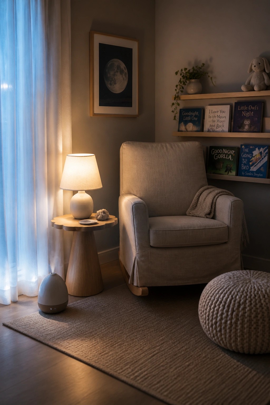 A bedroom corner with a beige rocking chair, wooden side table holding a lit lamp, moon artwork on the wall, floating shelves with books, and a small diffuser on the floor near a window.
