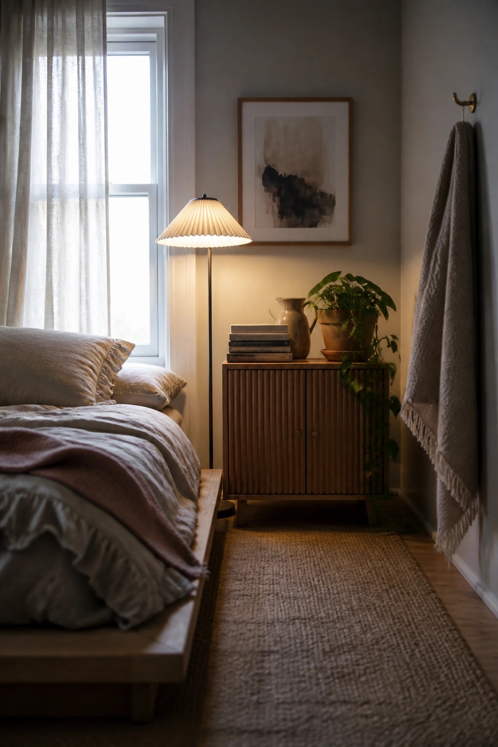 A bedroom corner with a wooden ribbed cabinet next to a bed, topped with stacked books, a vase, and a potted plant, alongside a lit floor lamp.