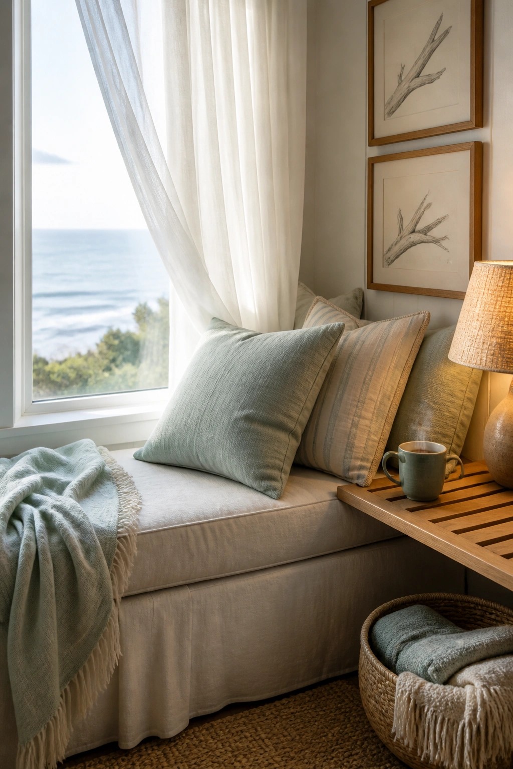 A bedroom window seat with beige upholstery, light green and striped pillows, a folded throw, and a wooden side table holding a mug and lamp, next to a large window with a sea view.