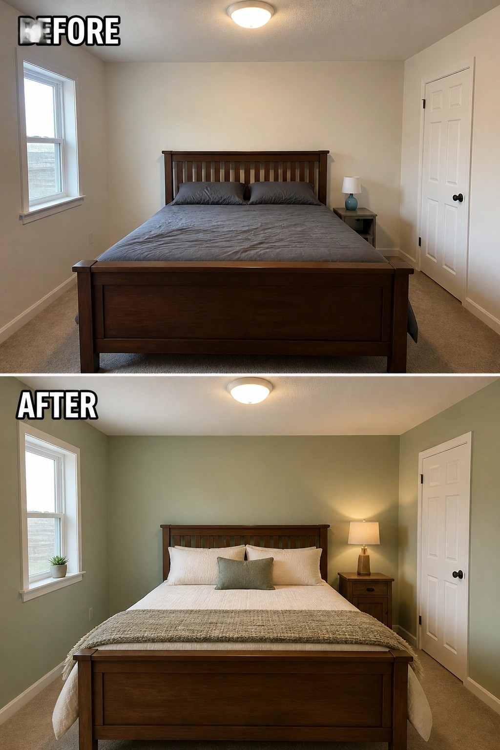 Before and after bedroom with green walls, white bedding, and updated decor.