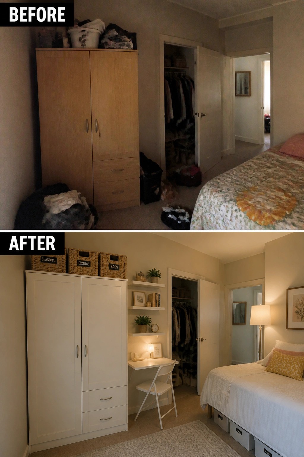 Before-and-after image of a cluttered bedroom transformed by painting the existing wardrobe white and adding organized storage and a small desk area.