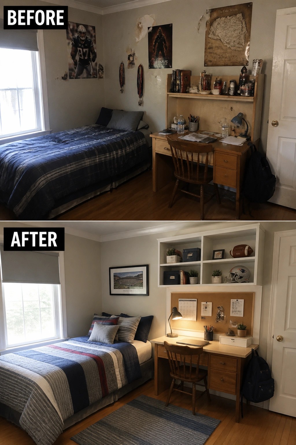 Before and after of a cluttered bedroom transformed into an organized, decorated space.