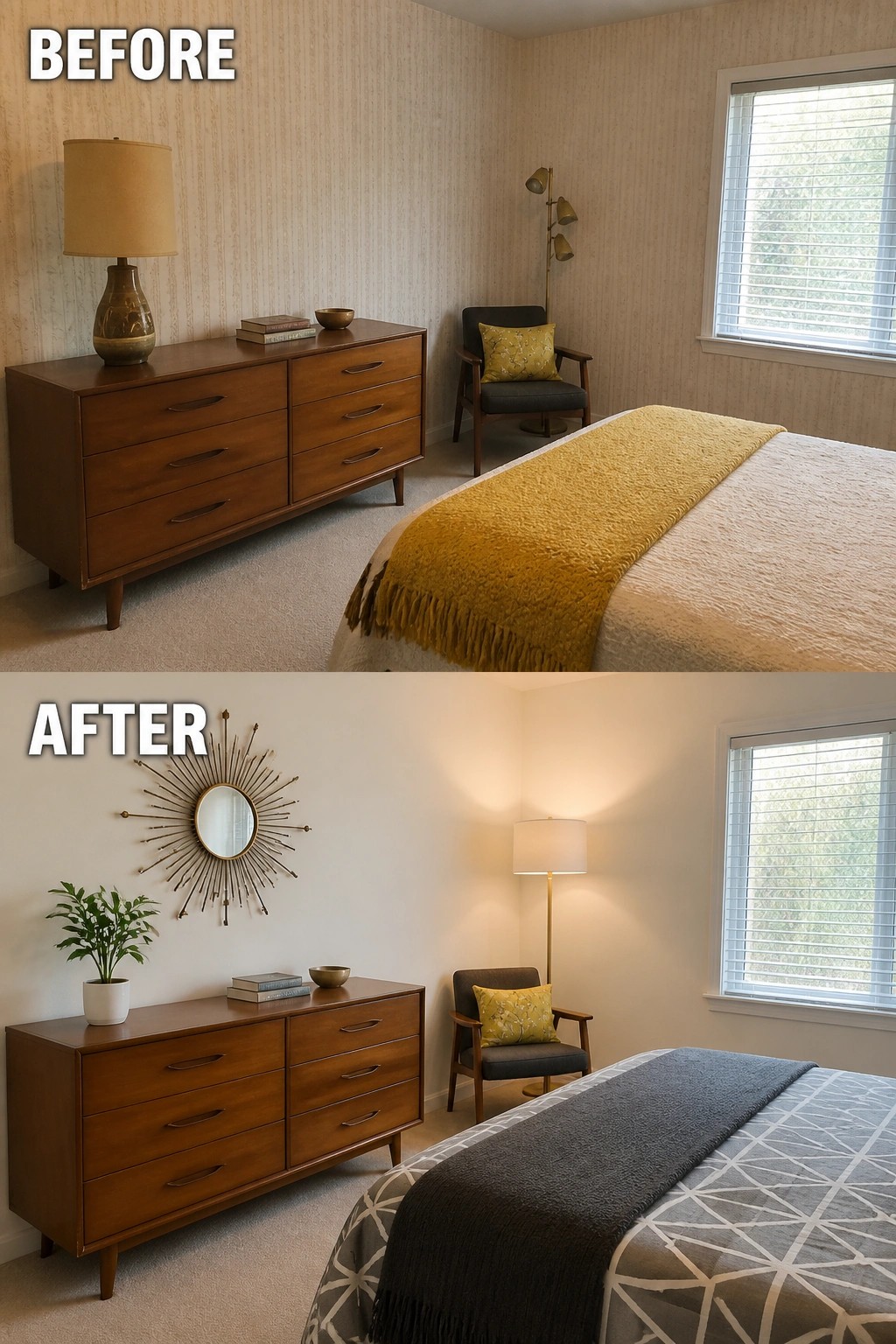 Before-and-after bedroom with mid-century dresser, yellow accents, sunburst mirror, and gray bedding