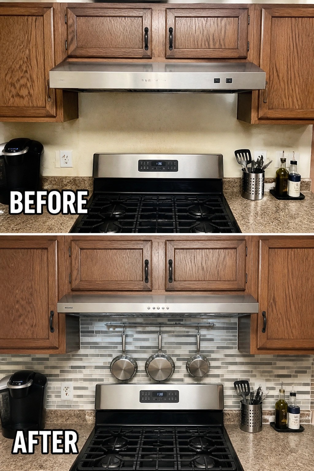Before and after kitchen stove area with new tile backsplash and hanging pans.