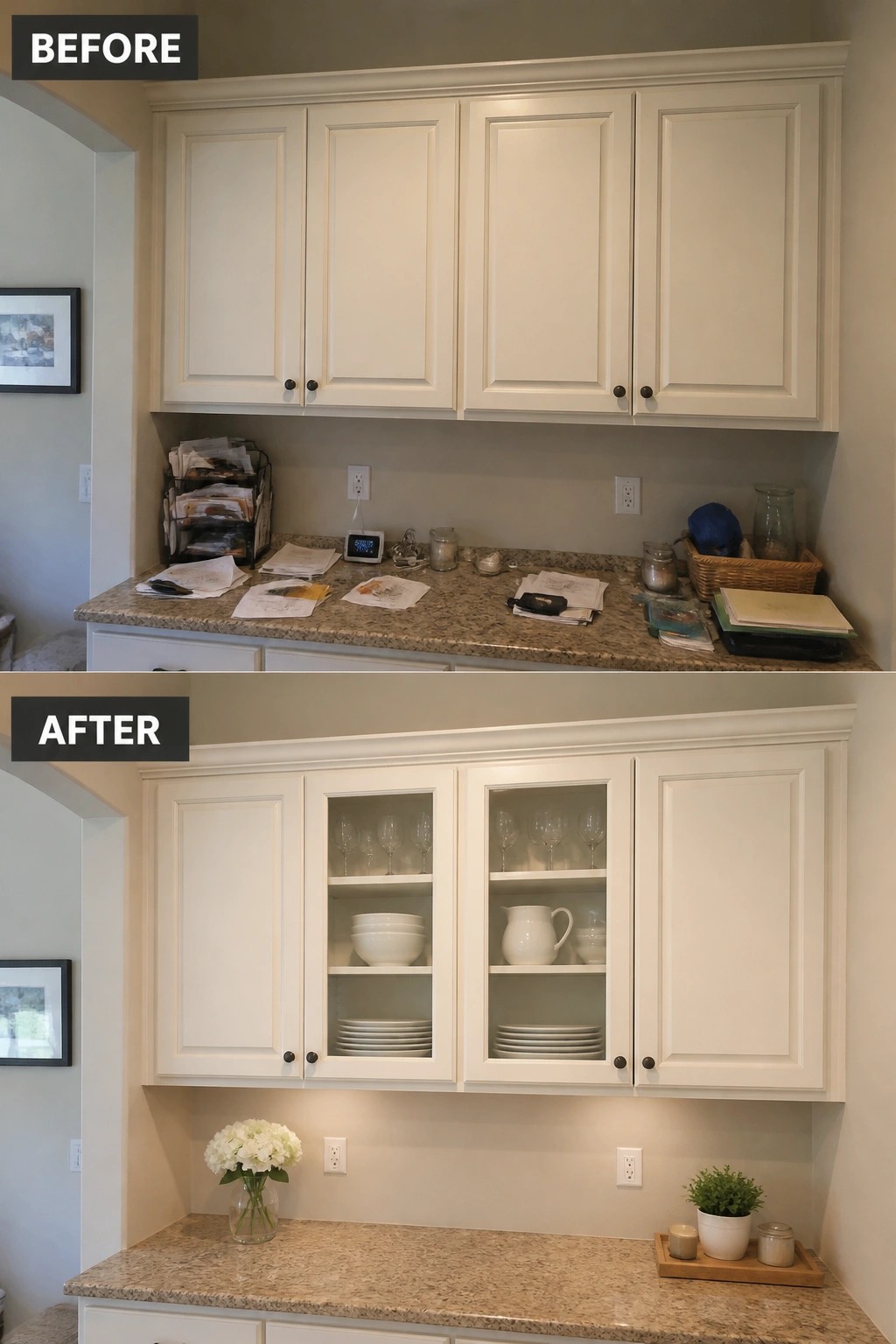 Before-and-after kitchen with white cabinets, decluttered granite counter, flowers and glassware.