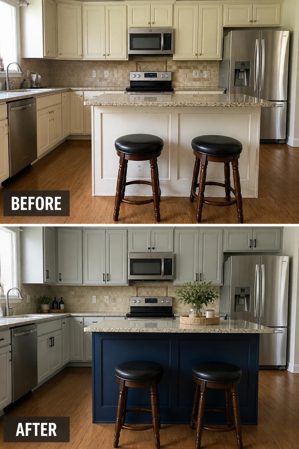 Before-and-after kitchen with cream cabinets above and gray-blue island below