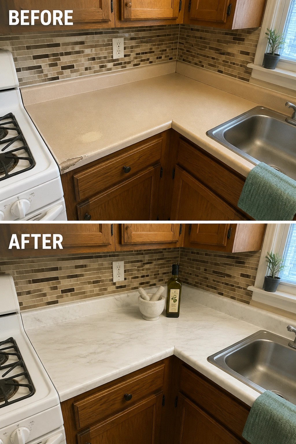 Before-and-after image of a kitchen with an old beige countertop replaced by a white marble countertop.