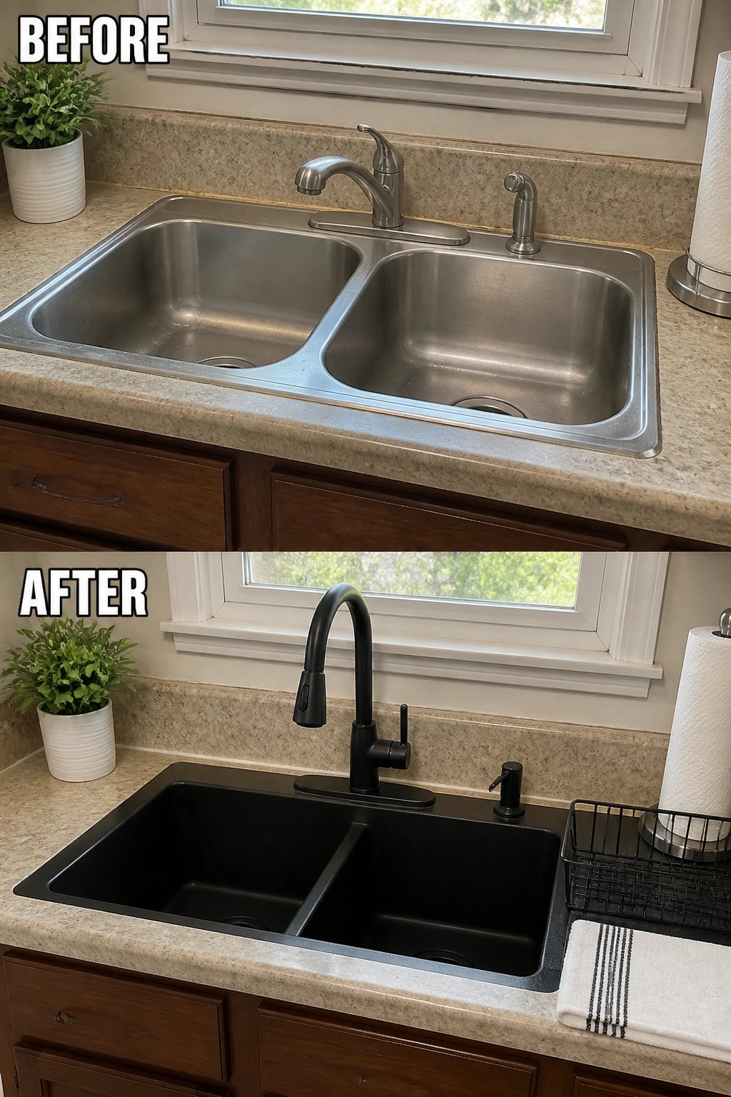 Before-after double kitchen sinks: stainless steel top, matte black bottom with black faucet