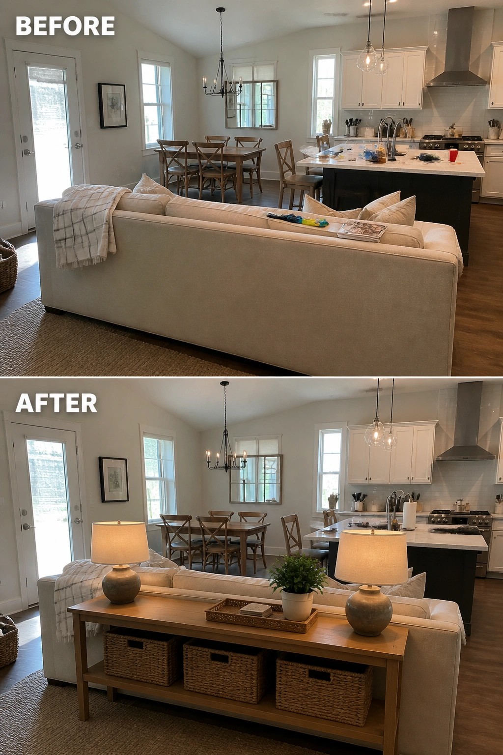 Before and after living room with beige sofa and added console table with lamps