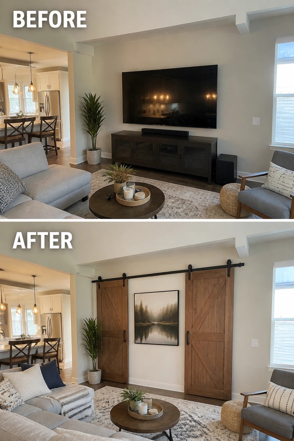 Before-and-after image of a living room with sliding barn doors added to define the TV wall area.