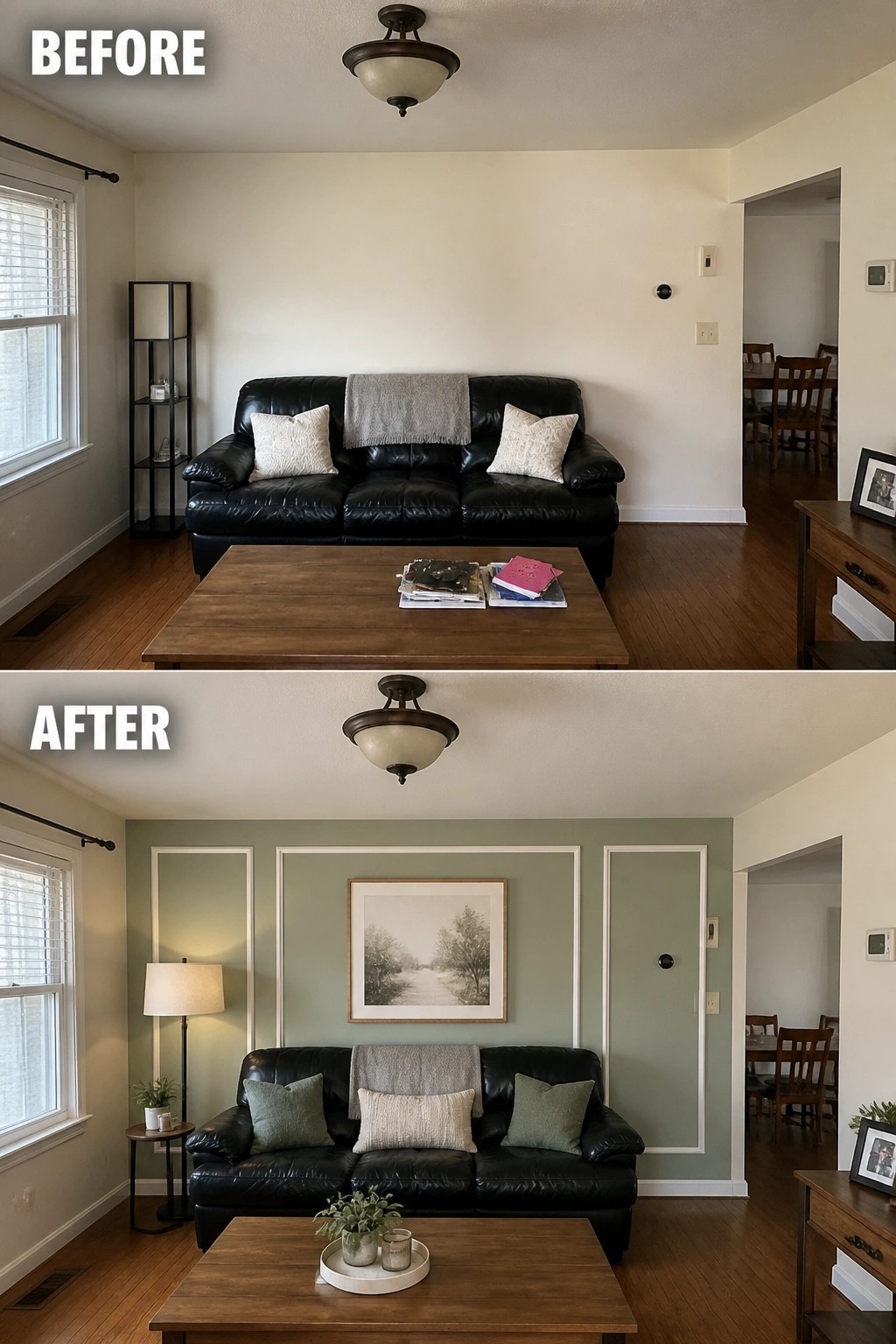 Before and after living room with black leather sofa, wood table, and sage green walls