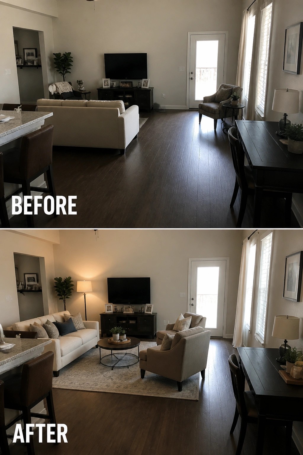 Before-and-after image of an open living room where a large area rug was added to define the seating zone and furniture was rearranged around a central coffee table.