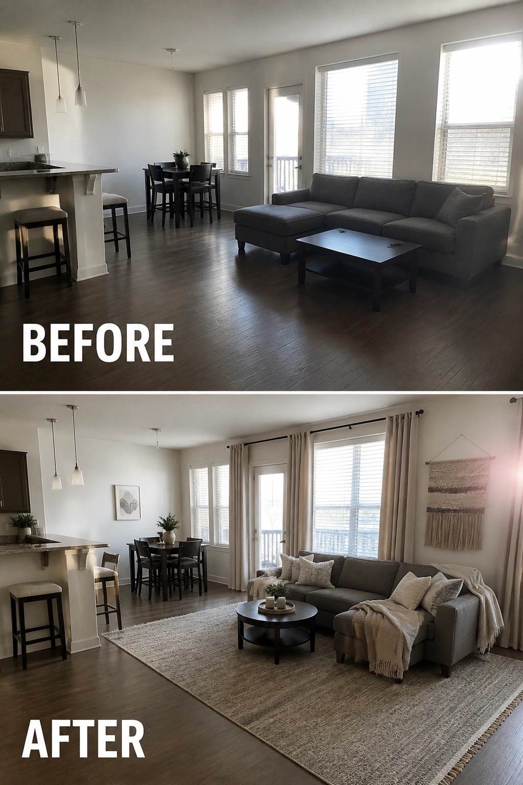 Before and after of gray sofa living room with added rug, curtains, and decor