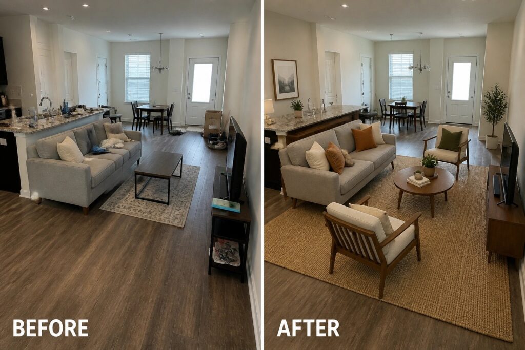 22 Clean Living Room Makeover Ideas for Open-Concept Homes That Need Better Zones Before-and-after image of an open living room where a small rug is replaced by a large woven rug that anchors the sofa and chairs.