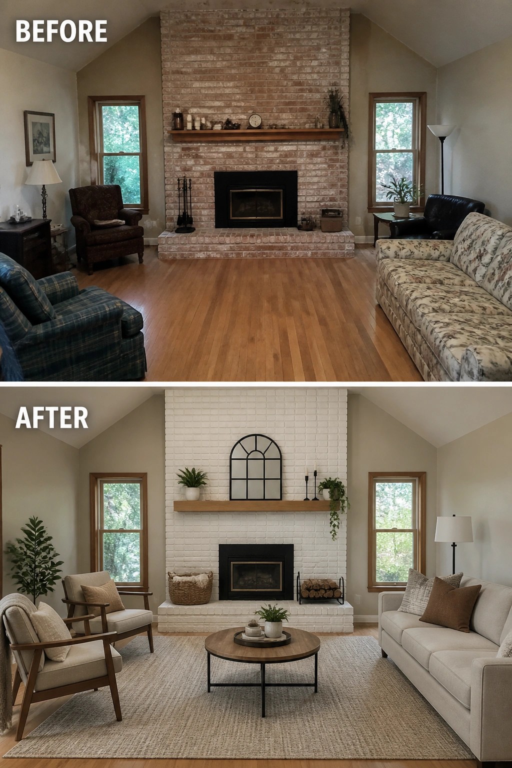 Before and after living room with whitewashed brick fireplace and modern furniture update
