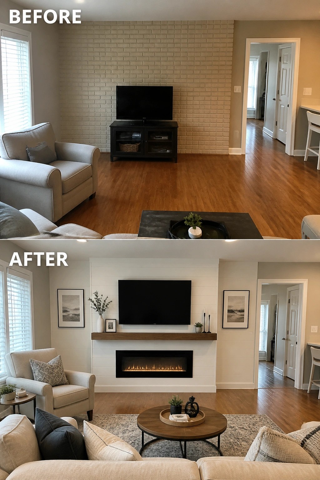 Before-and-after image of a living room where a plain brick TV wall was updated with a white shiplap fireplace, wood mantel, and electric fireplace.