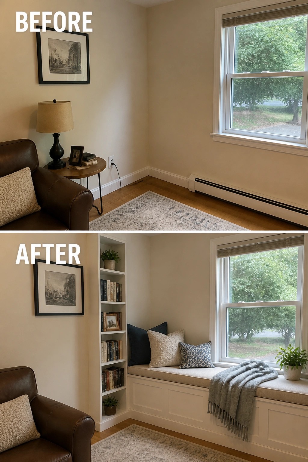 Before and after of room corner with new built-in bookshelf and window seat bench.