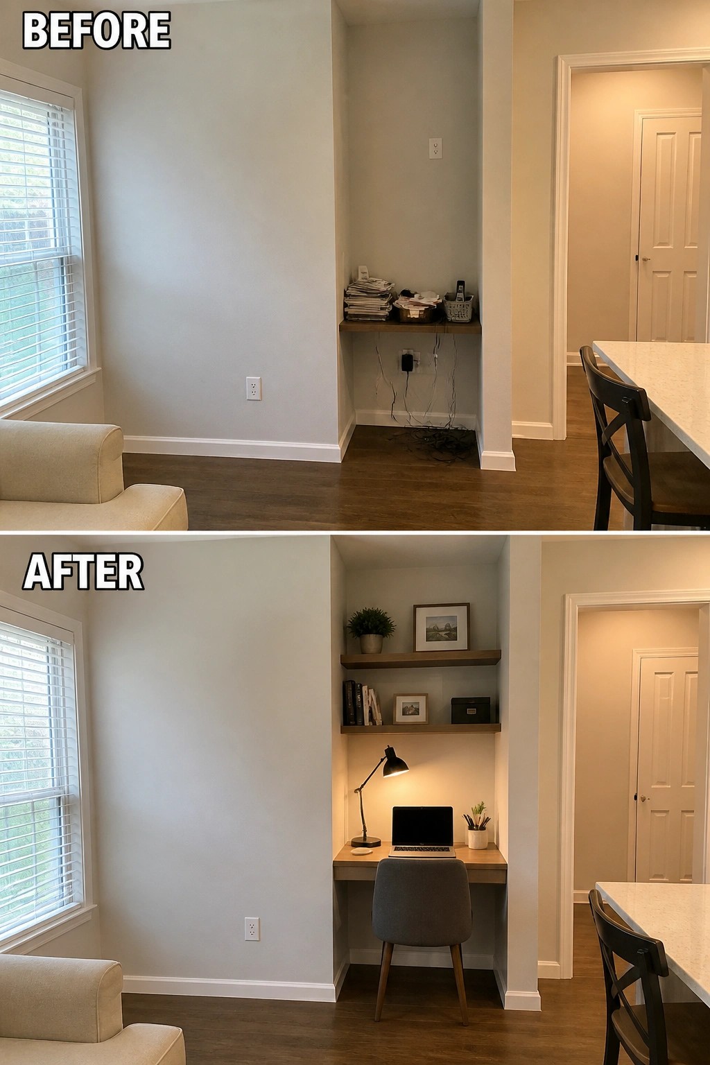 Before and after of a cluttered nook transformed into an organized built-in desk area.
